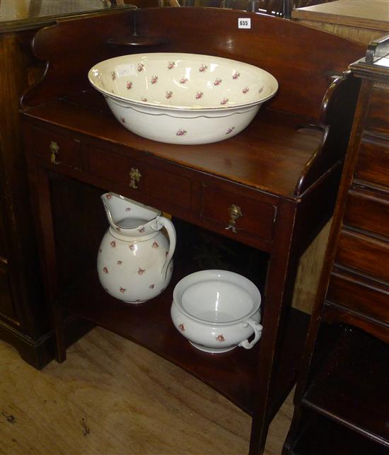 Mahogany washstand with bowl and jug and a stool with needlework top